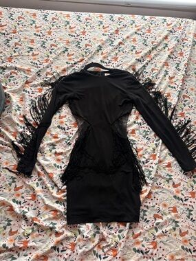 Dress the Population Black Long-Sleeve Fringe Bodycon Dress